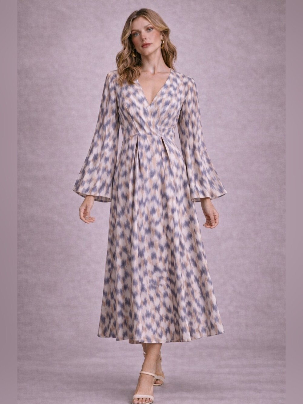 InWear Copenhagen 1969 Grey Ivory Beige Geometric Pattern Flared Midi Dress Size